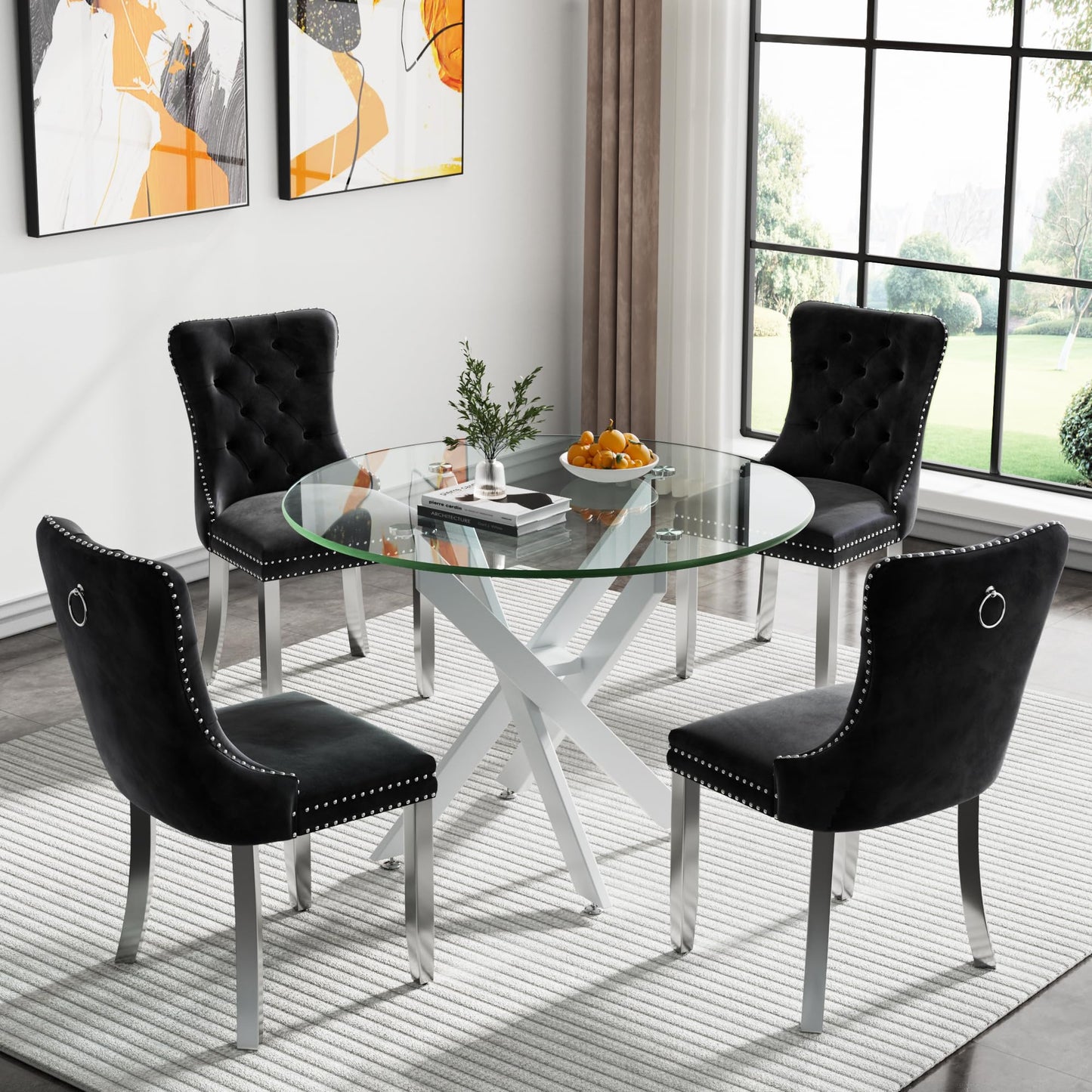 36" Modern Silver Glass Dining Room Table Set for 4, 5-Piece Square Kitchen Dining Table Set with Cross Metal Legs and 4 Black Velvet Upholstered Chairs, Glass Kitchen Table and Chairs Set