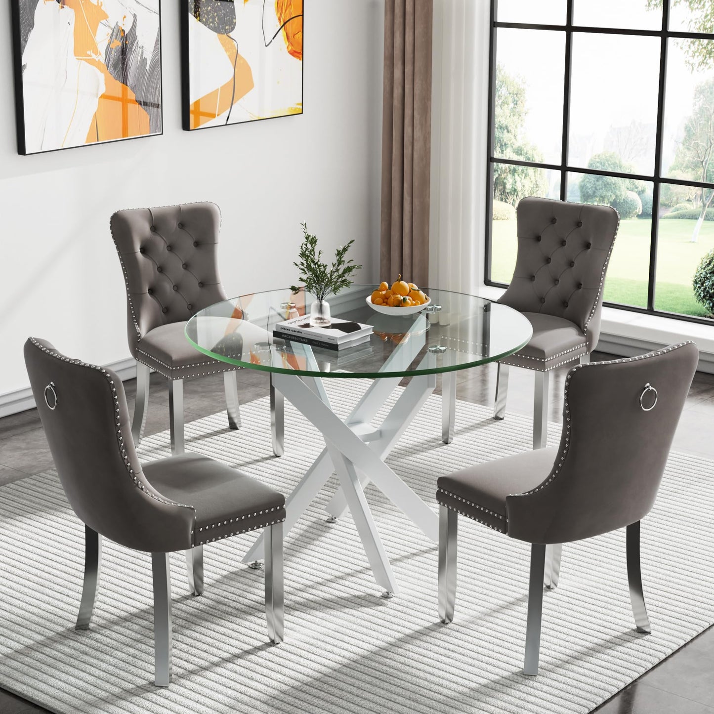 36" Modern Silver Glass Dining Room Table Set for 4, 5-Piece Square Kitchen Dining Table Set with Cross Metal Legs and 4 Black Velvet Upholstered Chairs, Glass Kitchen Table and Chairs Set