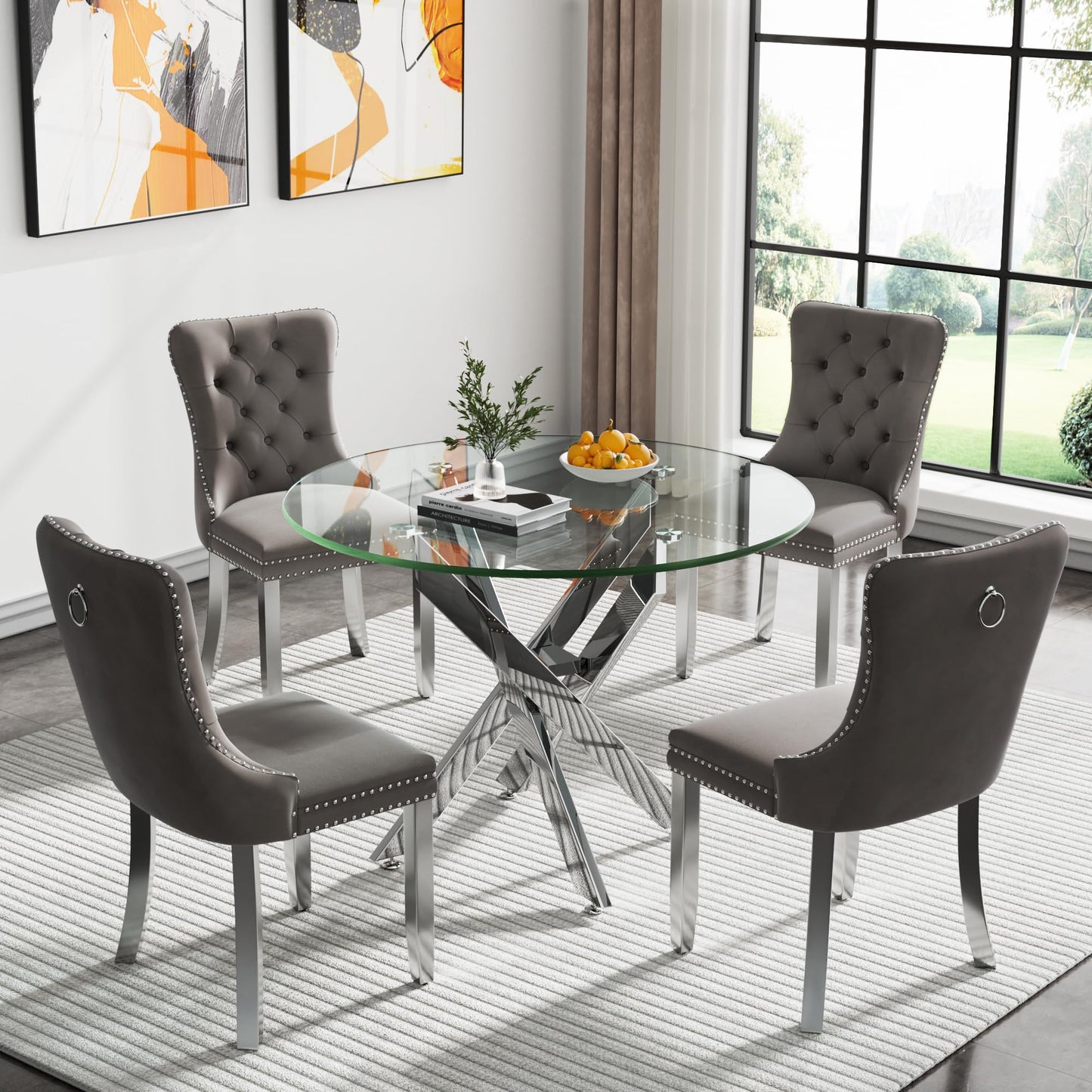 36" Modern Silver Glass Dining Room Table Set for 4, 5-Piece Square Kitchen Dining Table Set with Cross Metal Legs and 4 Black Velvet Upholstered Chairs, Glass Kitchen Table and Chairs Set