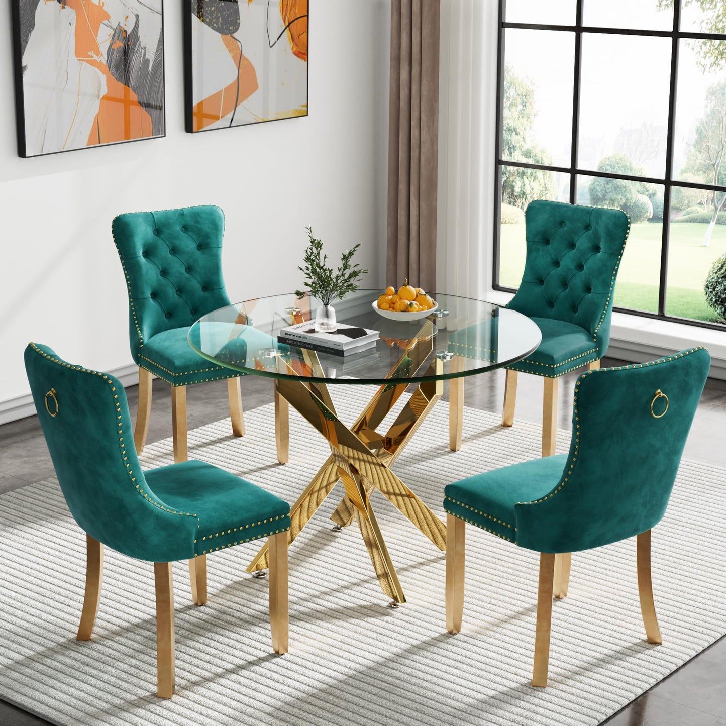 36" Modern Silver Glass Dining Room Table Set for 4, 5-Piece Square Kitchen Dining Table Set with Cross Metal Legs and 4 Black Velvet Upholstered Chairs, Glass Kitchen Table and Chairs Set