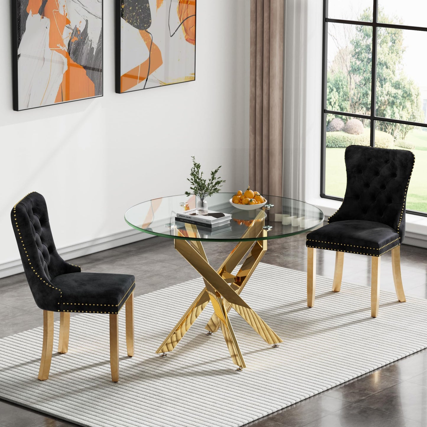 36" Modern Silver Glass Dining Room Table Set for 4, 5-Piece Square Kitchen Dining Table Set with Cross Metal Legs and 4 Black Velvet Upholstered Chairs, Glass Kitchen Table and Chairs Set