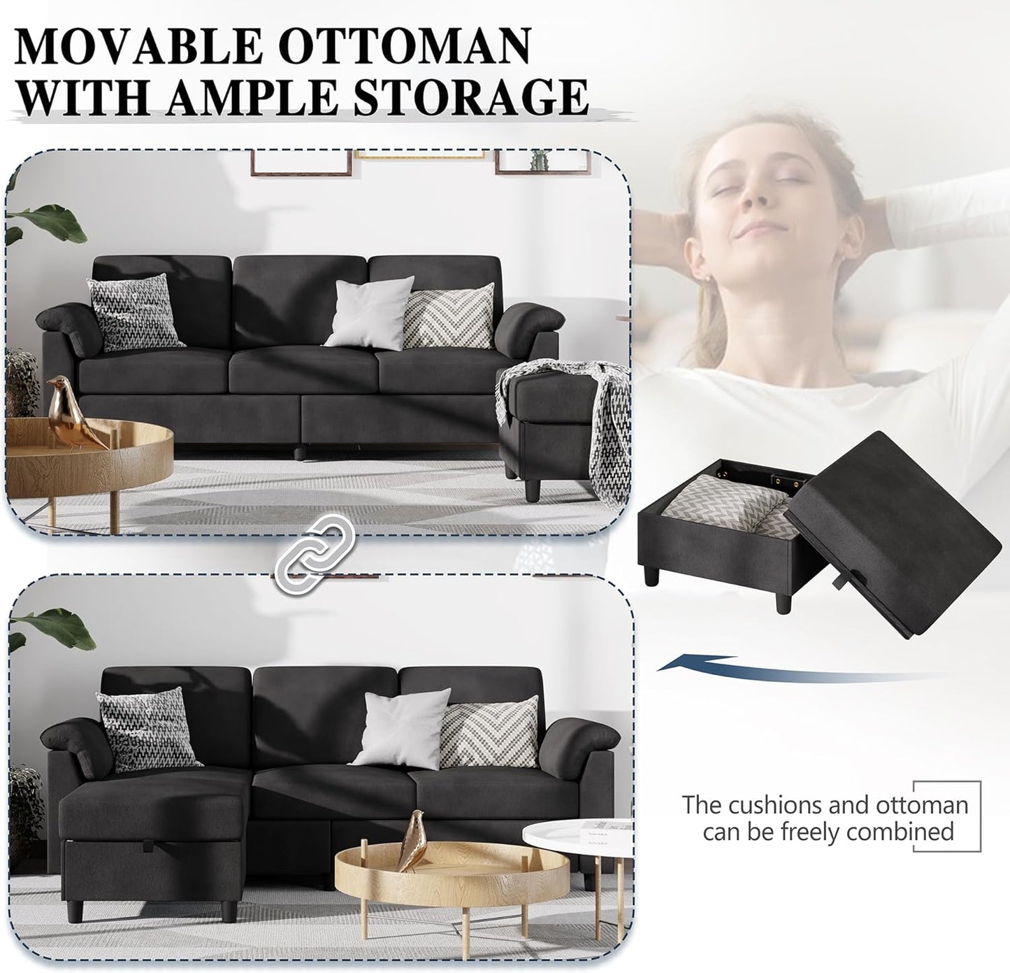 Meilocar Black L-Shaped Sectional Sofa