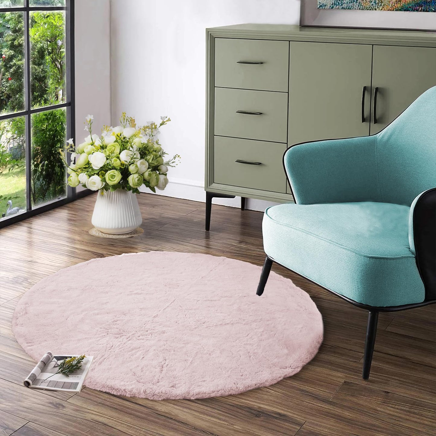 Latepis 3ft White Faux Fur Round Rug