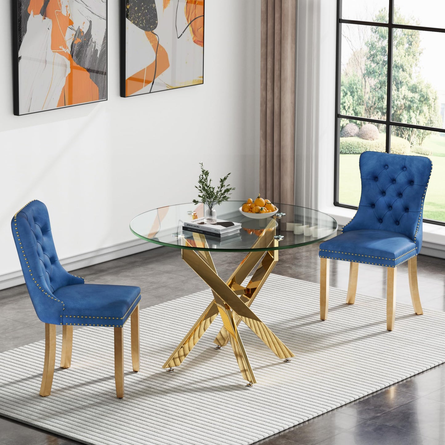 36" Modern Silver Glass Dining Room Table Set for 4, 5-Piece Square Kitchen Dining Table Set with Cross Metal Legs and 4 Black Velvet Upholstered Chairs, Glass Kitchen Table and Chairs Set