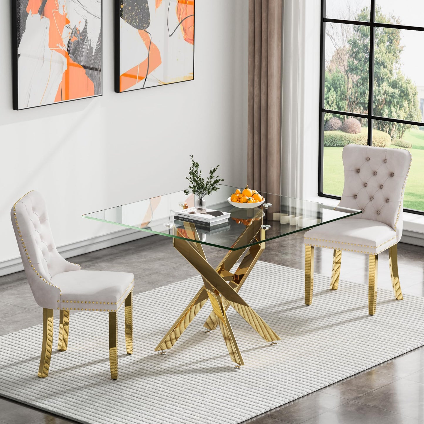 36" Modern Silver Glass Dining Room Table Set for 4, 5-Piece Square Kitchen Dining Table Set with Cross Metal Legs and 4 Black Velvet Upholstered Chairs, Glass Kitchen Table and Chairs Set