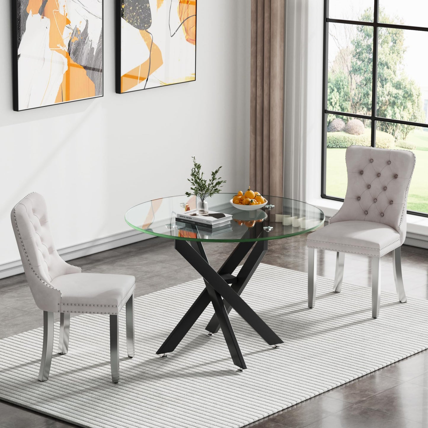 36" Modern Silver Glass Dining Room Table Set for 4, 5-Piece Square Kitchen Dining Table Set with Cross Metal Legs and 4 Black Velvet Upholstered Chairs, Glass Kitchen Table and Chairs Set
