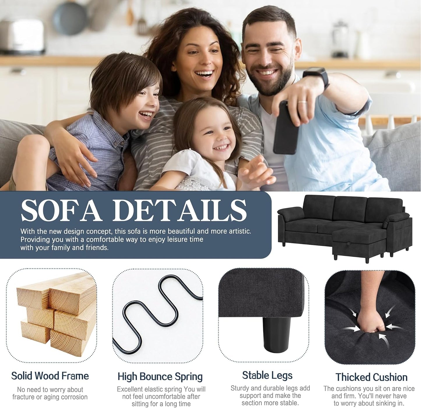 Meilocar Black L-Shaped Sectional Sofa