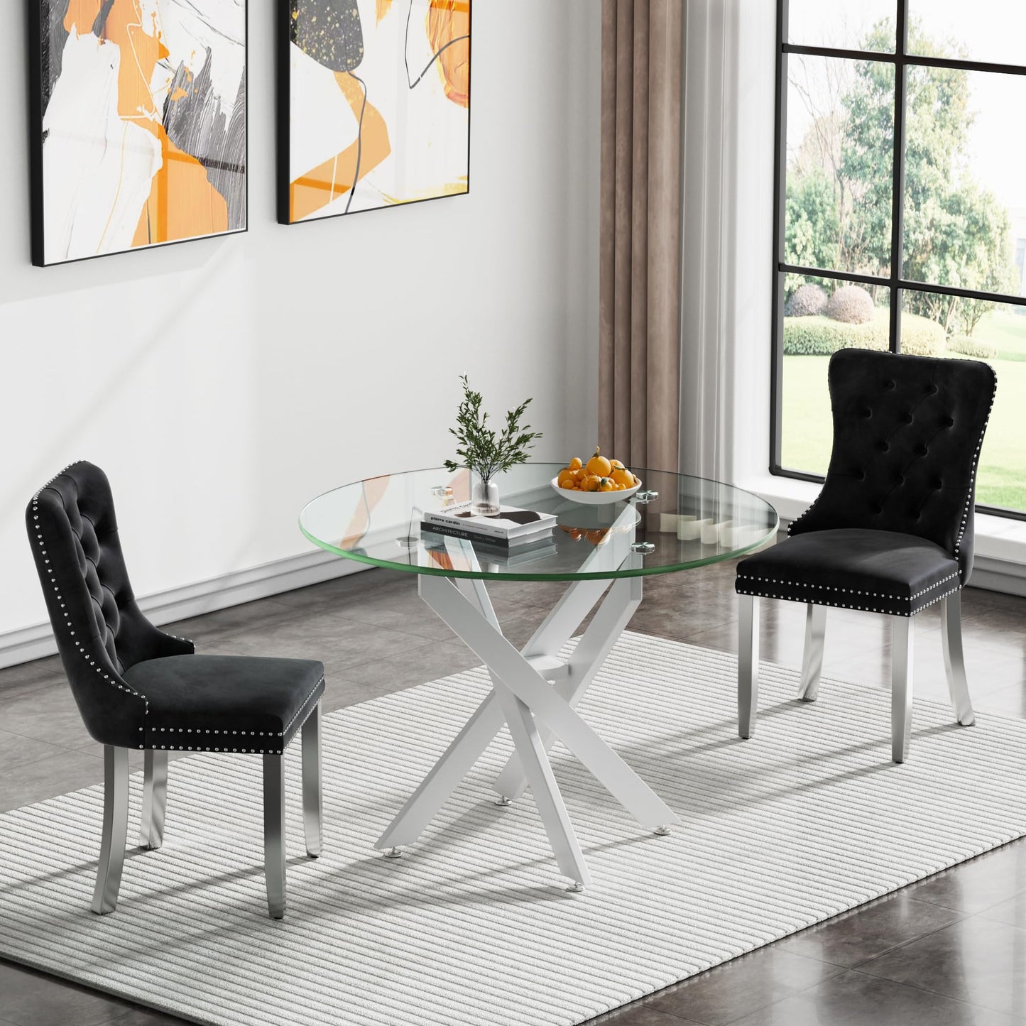 36" Modern Silver Glass Dining Room Table Set for 4, 5-Piece Square Kitchen Dining Table Set with Cross Metal Legs and 4 Black Velvet Upholstered Chairs, Glass Kitchen Table and Chairs Set