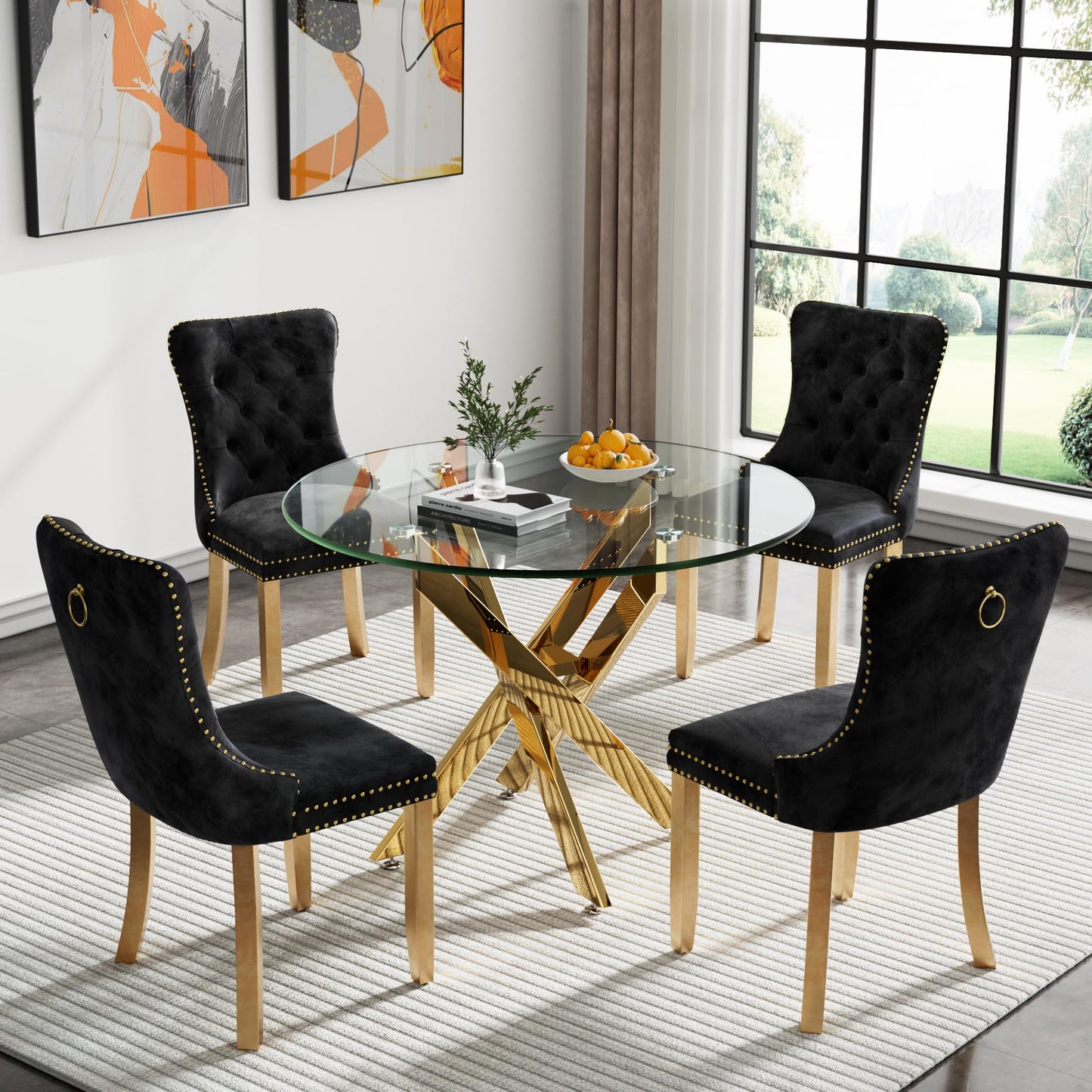 36" Modern Silver Glass Dining Room Table Set for 4, 5-Piece Square Kitchen Dining Table Set with Cross Metal Legs and 4 Black Velvet Upholstered Chairs, Glass Kitchen Table and Chairs Set