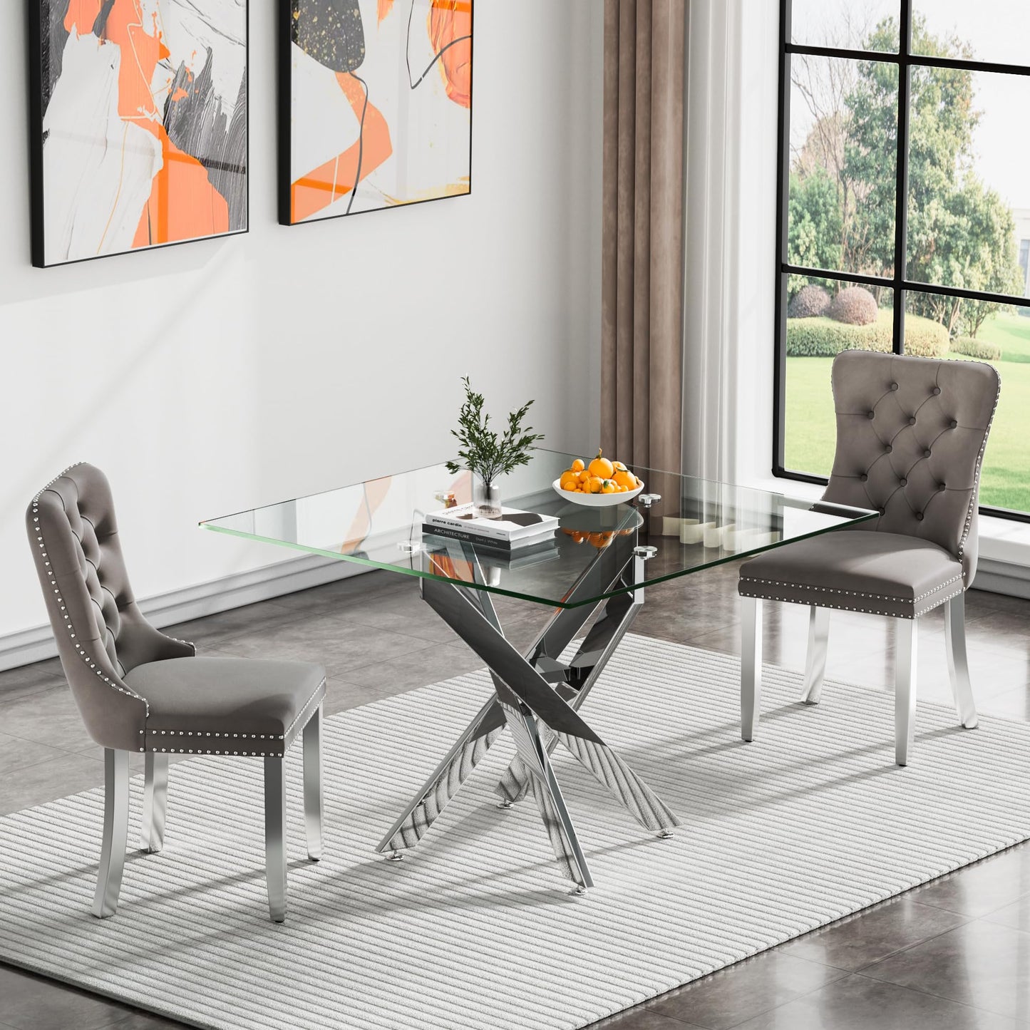 36" Modern Silver Glass Dining Room Table Set for 4, 5-Piece Square Kitchen Dining Table Set with Cross Metal Legs and 4 Black Velvet Upholstered Chairs, Glass Kitchen Table and Chairs Set