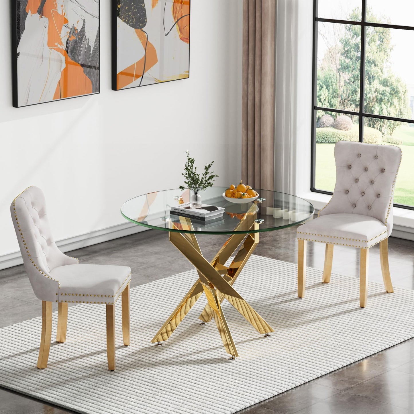36" Modern Silver Glass Dining Room Table Set for 4, 5-Piece Square Kitchen Dining Table Set with Cross Metal Legs and 4 Black Velvet Upholstered Chairs, Glass Kitchen Table and Chairs Set