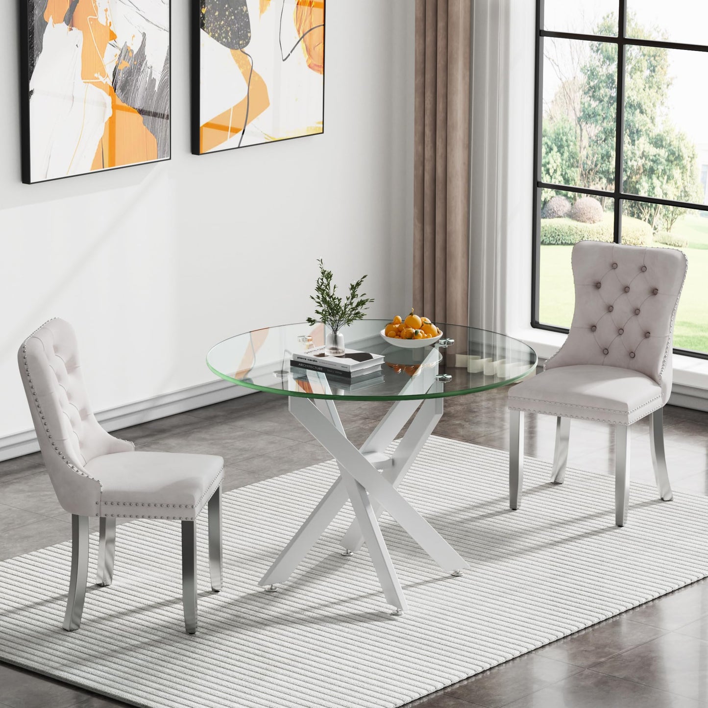 36" Modern Silver Glass Dining Room Table Set for 4, 5-Piece Square Kitchen Dining Table Set with Cross Metal Legs and 4 Black Velvet Upholstered Chairs, Glass Kitchen Table and Chairs Set