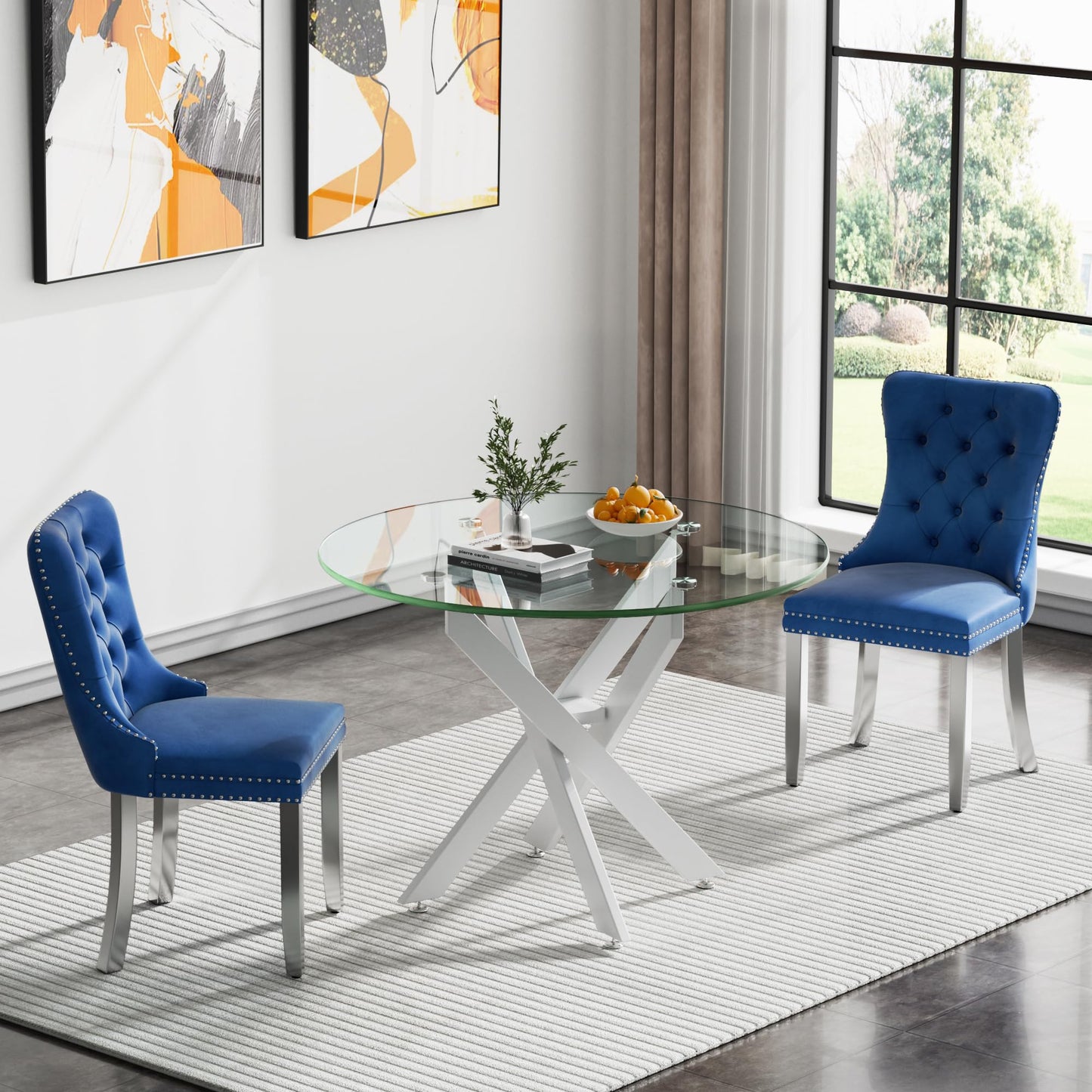 36" Modern Silver Glass Dining Room Table Set for 4, 5-Piece Square Kitchen Dining Table Set with Cross Metal Legs and 4 Black Velvet Upholstered Chairs, Glass Kitchen Table and Chairs Set