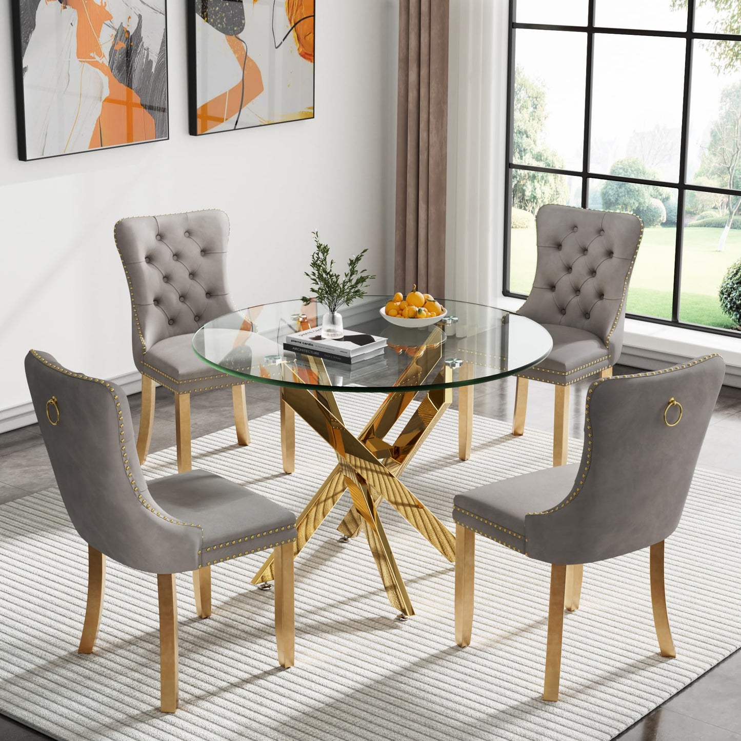 36" Modern Silver Glass Dining Room Table Set for 4, 5-Piece Square Kitchen Dining Table Set with Cross Metal Legs and 4 Black Velvet Upholstered Chairs, Glass Kitchen Table and Chairs Set