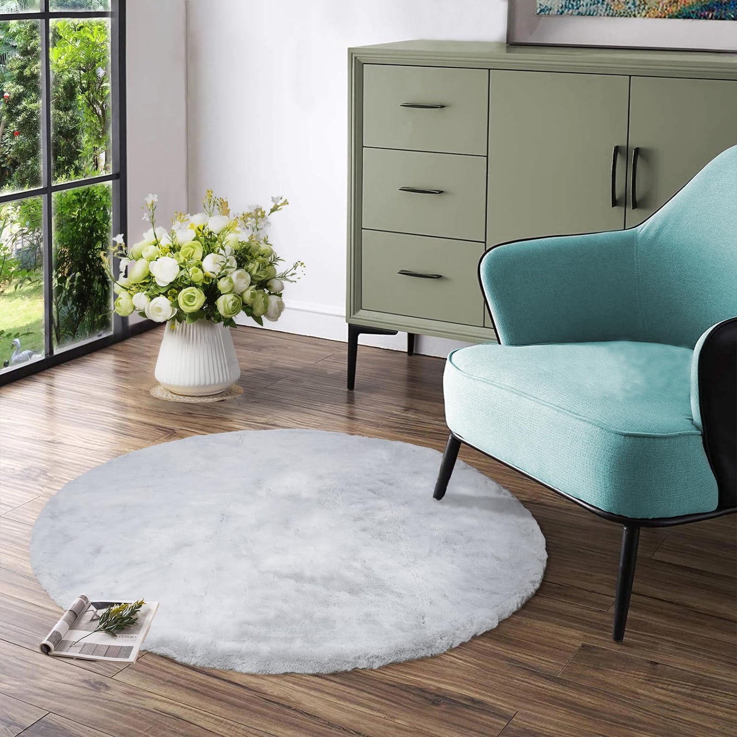 Latepis 3ft White Faux Fur Round Rug
