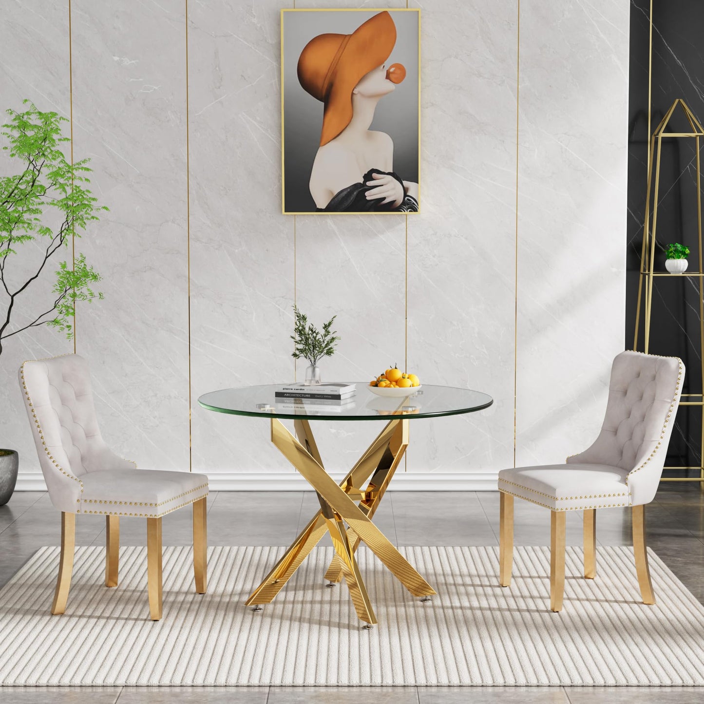 36" Modern Silver Glass Dining Room Table Set for 4, 5-Piece Square Kitchen Dining Table Set with Cross Metal Legs and 4 Black Velvet Upholstered Chairs, Glass Kitchen Table and Chairs Set