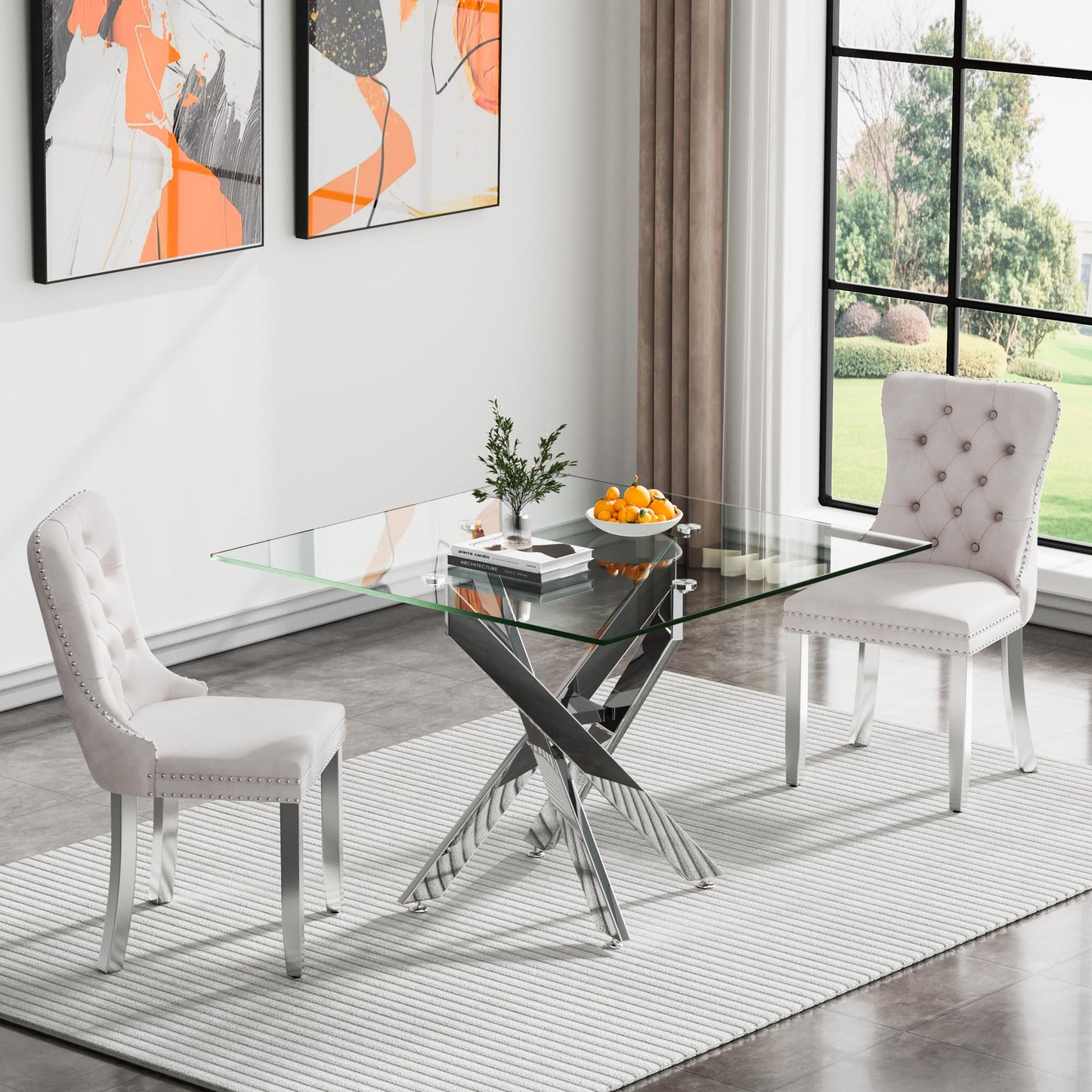 36" Modern Silver Glass Dining Room Table Set for 4, 5-Piece Square Kitchen Dining Table Set with Cross Metal Legs and 4 Black Velvet Upholstered Chairs, Glass Kitchen Table and Chairs Set