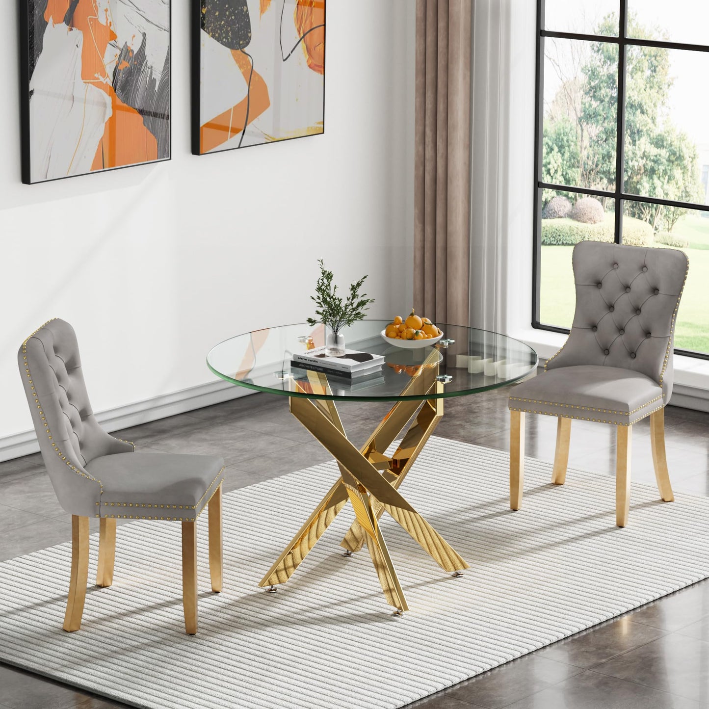36" Modern Silver Glass Dining Room Table Set for 4, 5-Piece Square Kitchen Dining Table Set with Cross Metal Legs and 4 Black Velvet Upholstered Chairs, Glass Kitchen Table and Chairs Set