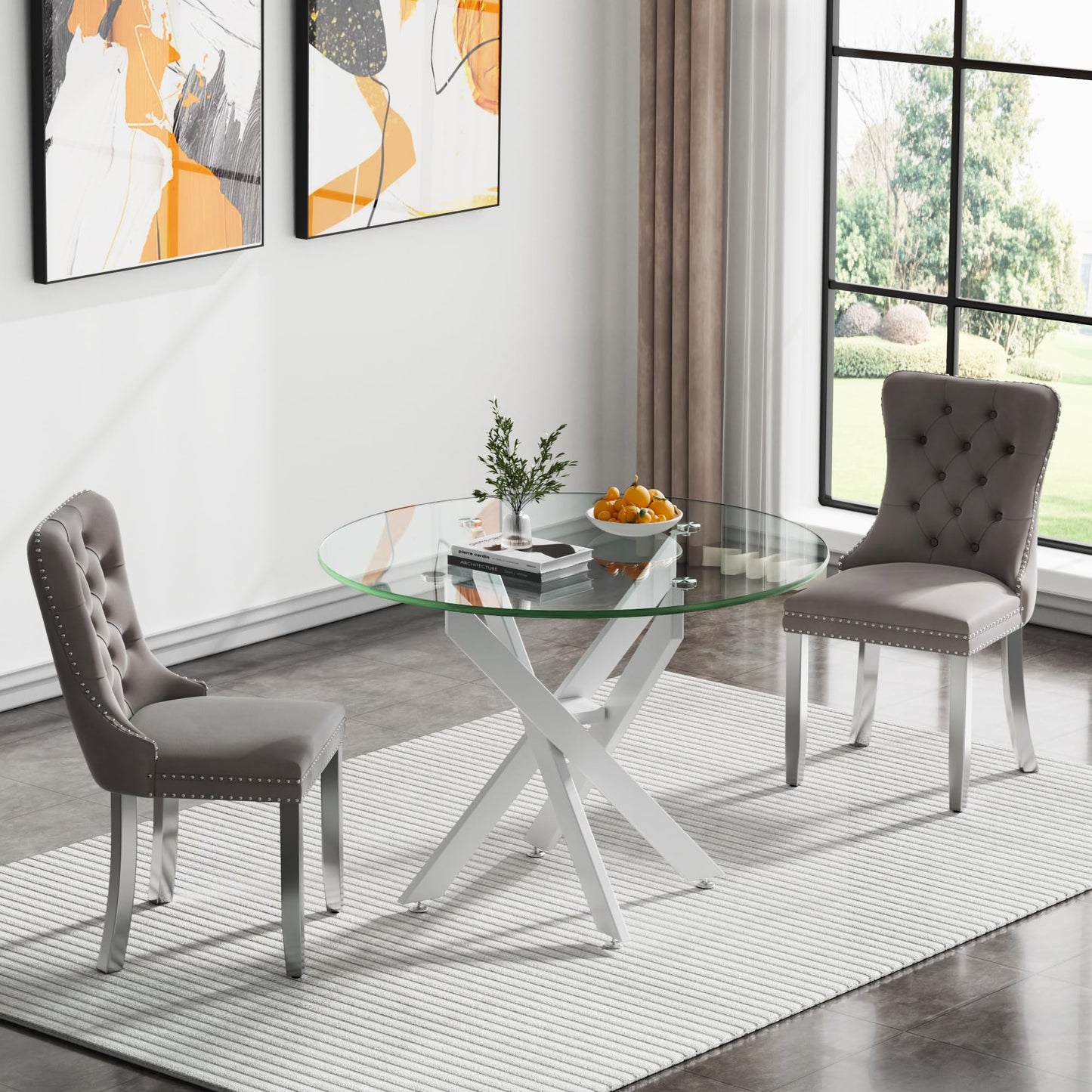 36" Modern Silver Glass Dining Room Table Set for 4, 5-Piece Square Kitchen Dining Table Set with Cross Metal Legs and 4 Black Velvet Upholstered Chairs, Glass Kitchen Table and Chairs Set