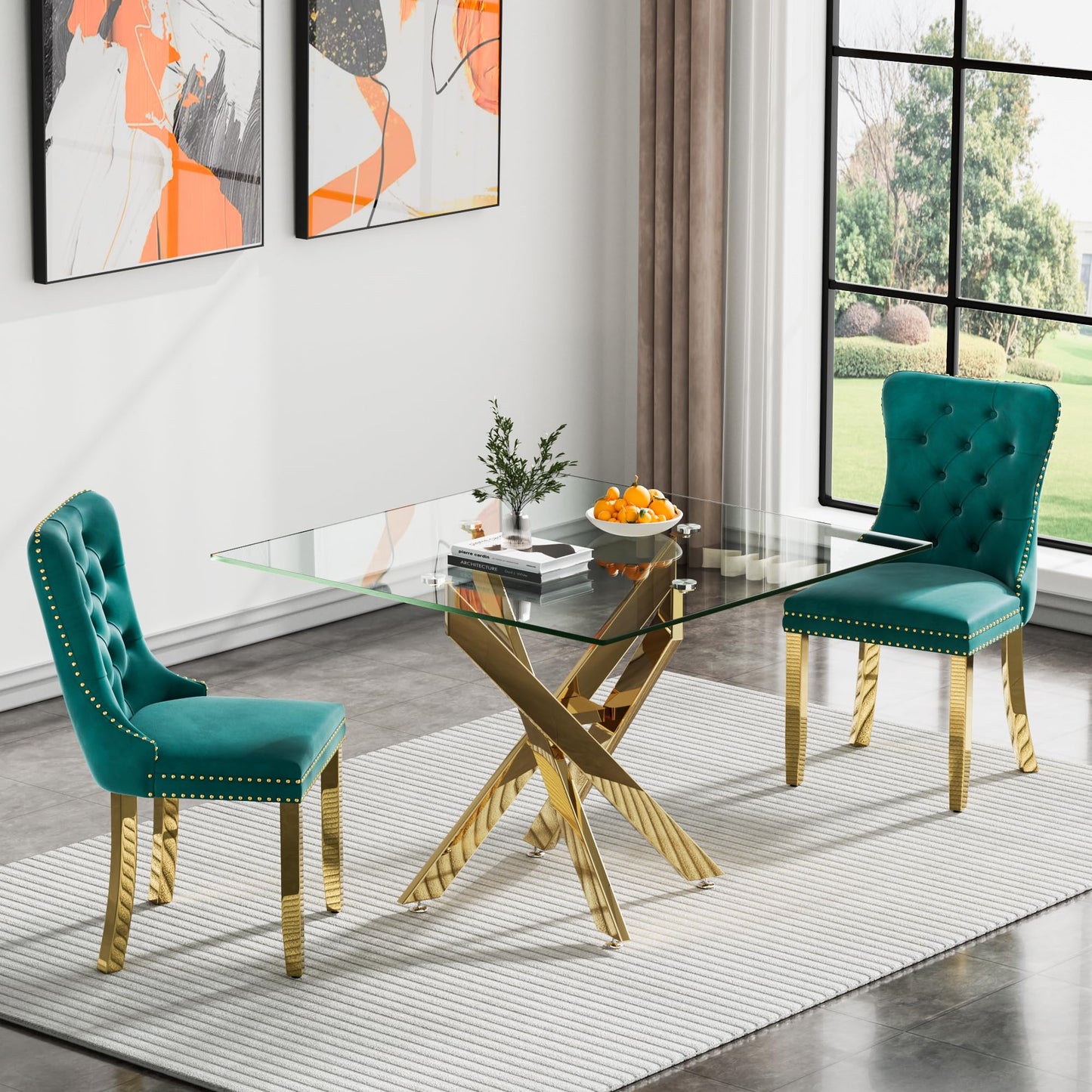 36" Modern Silver Glass Dining Room Table Set for 4, 5-Piece Square Kitchen Dining Table Set with Cross Metal Legs and 4 Black Velvet Upholstered Chairs, Glass Kitchen Table and Chairs Set