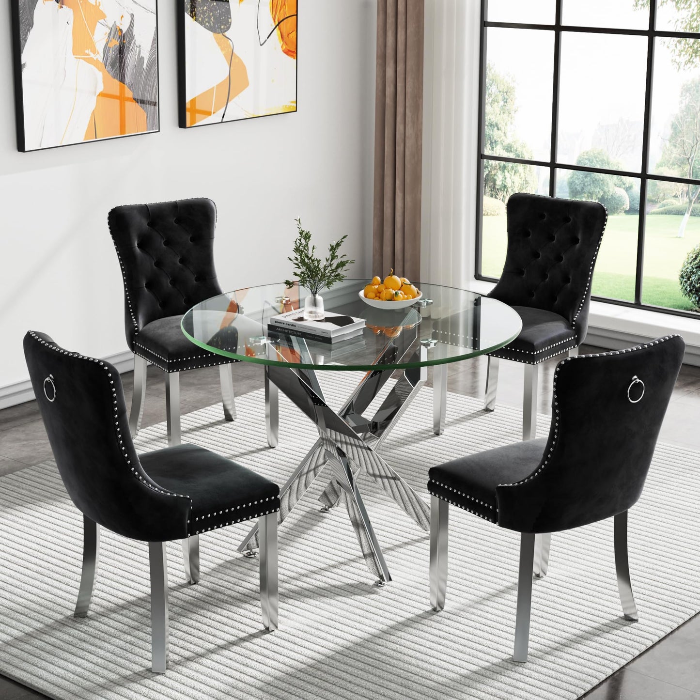 36" Modern Silver Glass Dining Room Table Set for 4, 5-Piece Square Kitchen Dining Table Set with Cross Metal Legs and 4 Black Velvet Upholstered Chairs, Glass Kitchen Table and Chairs Set