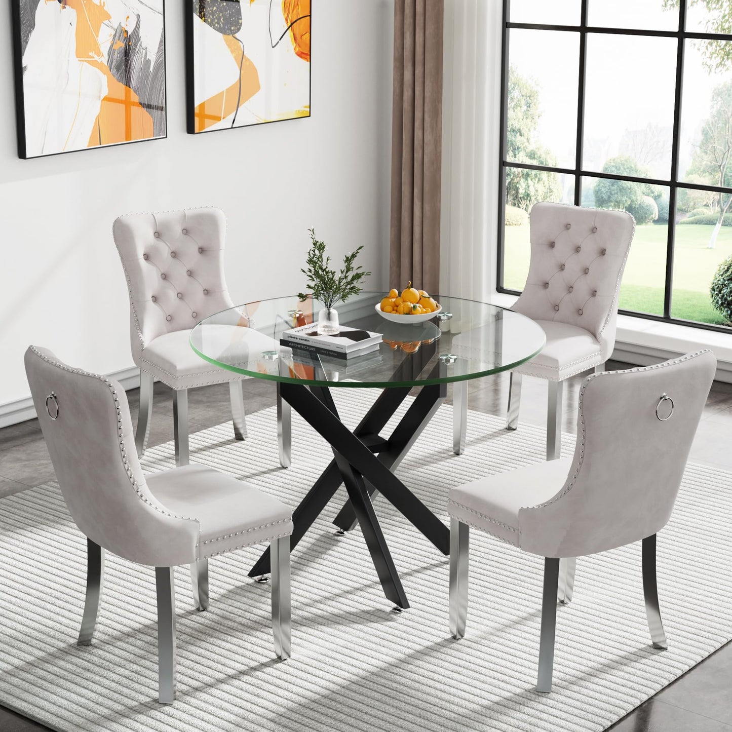 36" Modern Silver Glass Dining Room Table Set for 4, 5-Piece Square Kitchen Dining Table Set with Cross Metal Legs and 4 Black Velvet Upholstered Chairs, Glass Kitchen Table and Chairs Set