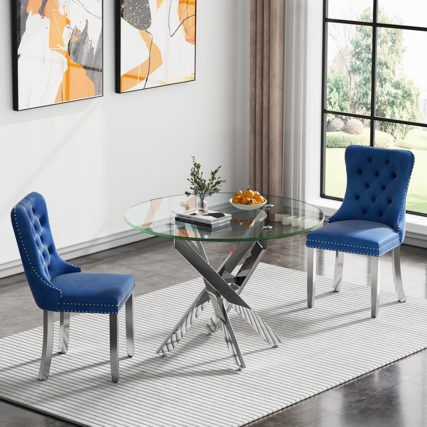36" Modern Silver Glass Dining Room Table Set for 4, 5-Piece Square Kitchen Dining Table Set with Cross Metal Legs and 4 Black Velvet Upholstered Chairs, Glass Kitchen Table and Chairs Set