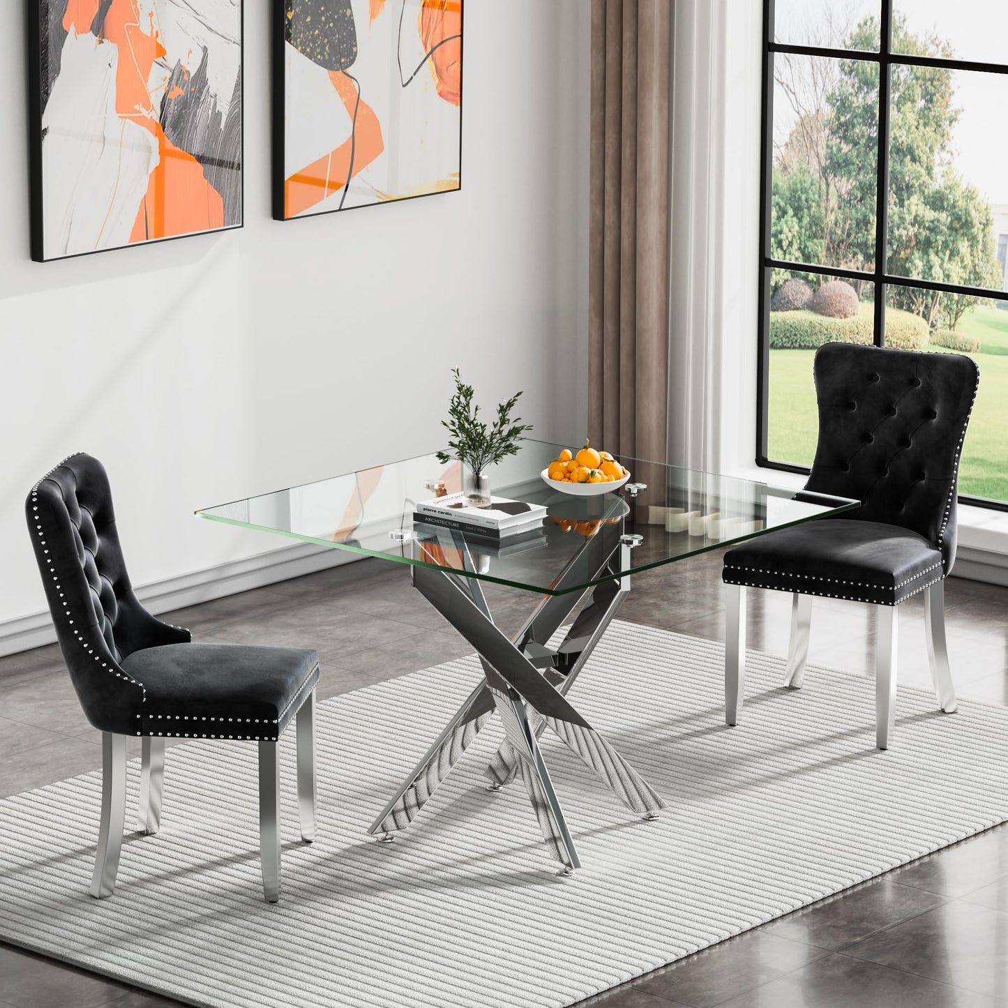 36" Modern Silver Glass Dining Room Table Set for 4, 5-Piece Square Kitchen Dining Table Set with Cross Metal Legs and 4 Black Velvet Upholstered Chairs, Glass Kitchen Table and Chairs Set
