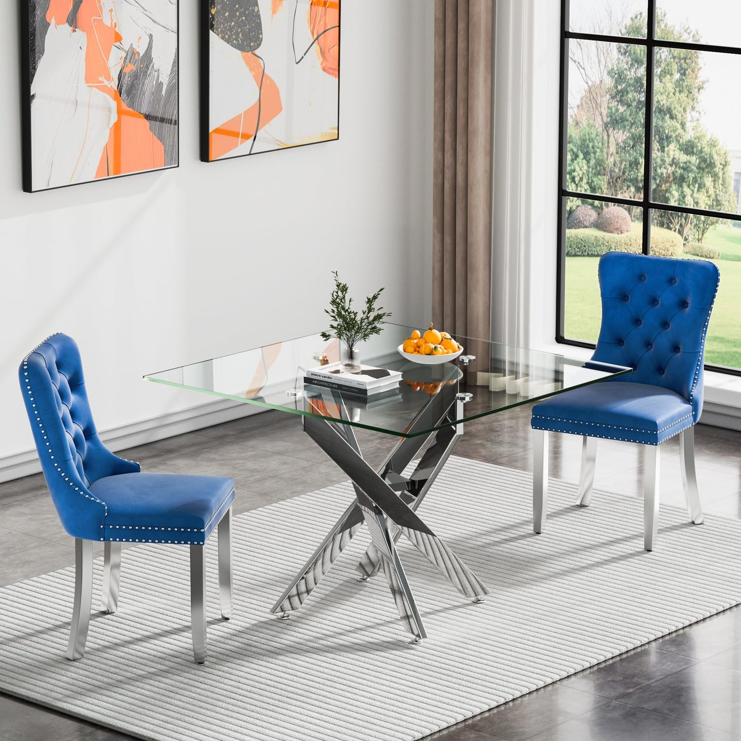 36" Modern Silver Glass Dining Room Table Set for 4, 5-Piece Square Kitchen Dining Table Set with Cross Metal Legs and 4 Black Velvet Upholstered Chairs, Glass Kitchen Table and Chairs Set