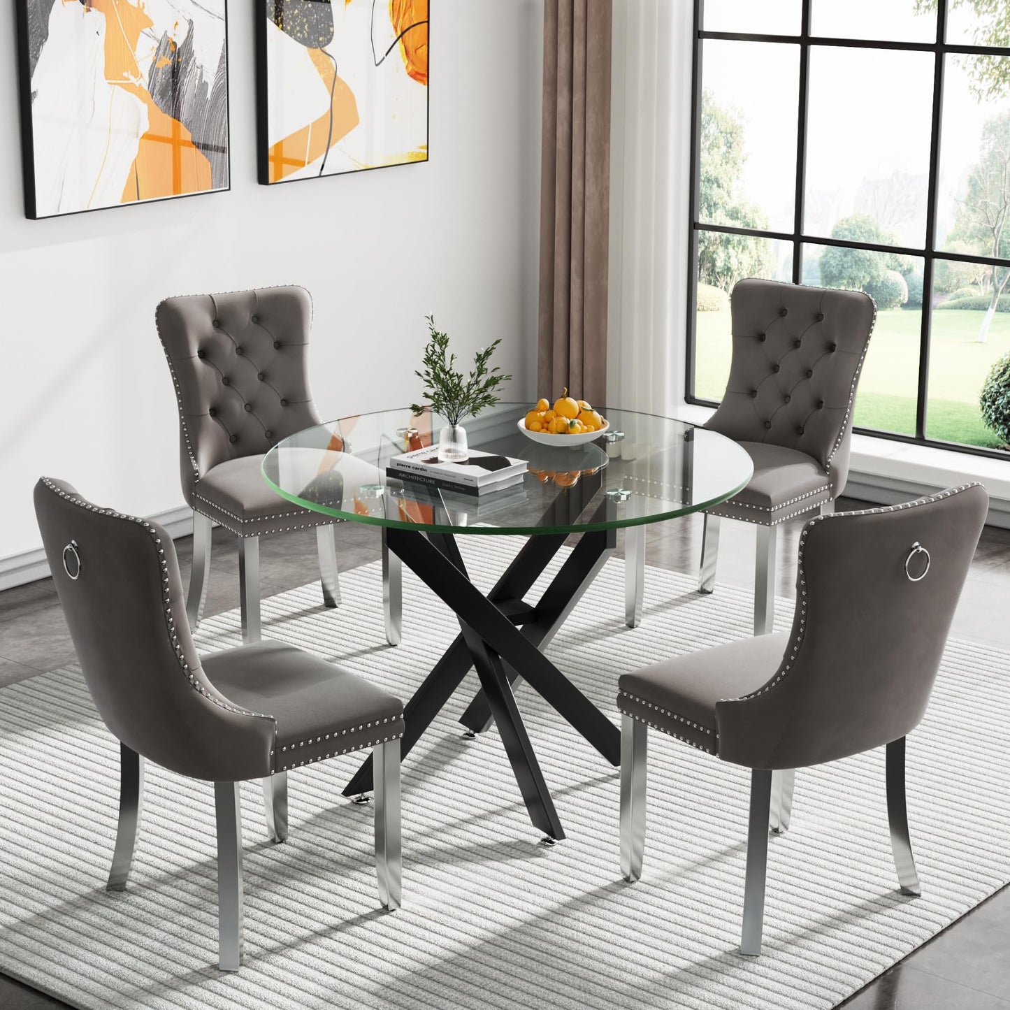 36" Modern Silver Glass Dining Room Table Set for 4, 5-Piece Square Kitchen Dining Table Set with Cross Metal Legs and 4 Black Velvet Upholstered Chairs, Glass Kitchen Table and Chairs Set