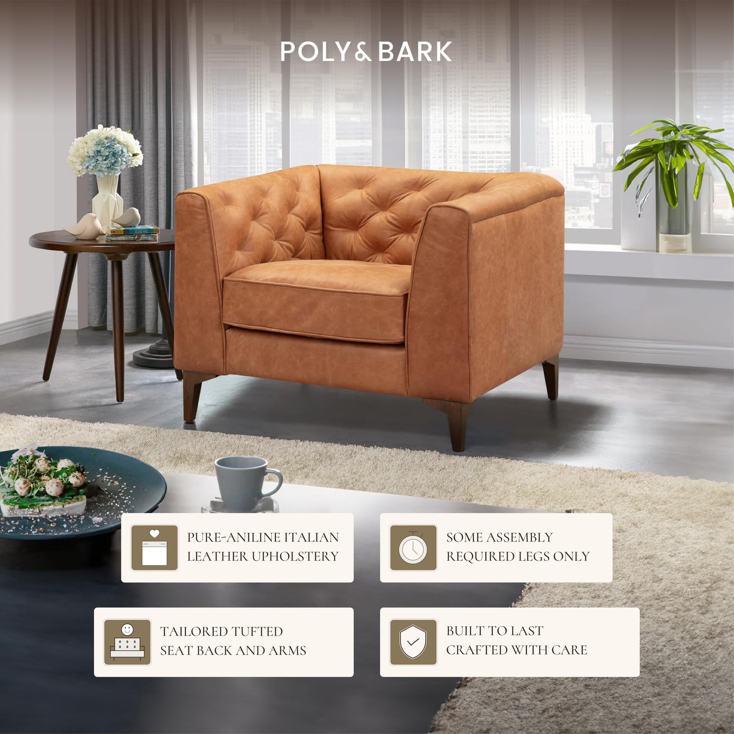 POLY & BARK 74" Leather Sofa – Cognac Tan