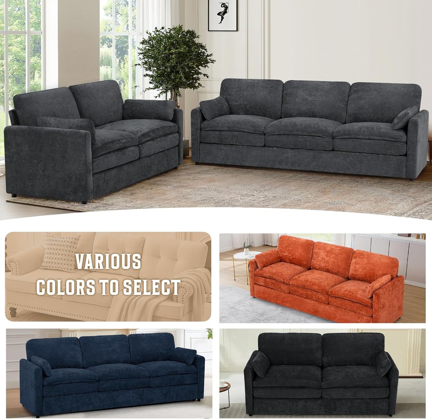 2-Piece Grey Chenille Sofa Set with Pillows