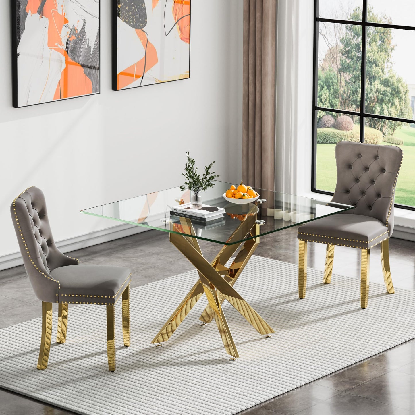 36" Modern Silver Glass Dining Room Table Set for 4, 5-Piece Square Kitchen Dining Table Set with Cross Metal Legs and 4 Black Velvet Upholstered Chairs, Glass Kitchen Table and Chairs Set