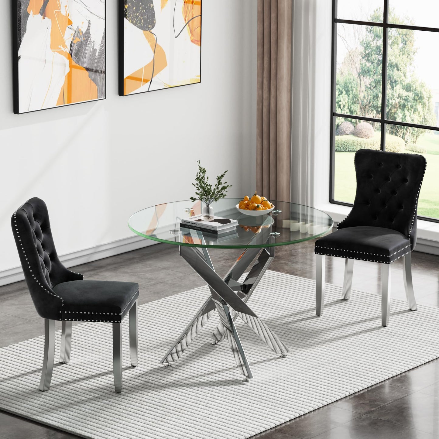 36" Modern Silver Glass Dining Room Table Set for 4, 5-Piece Square Kitchen Dining Table Set with Cross Metal Legs and 4 Black Velvet Upholstered Chairs, Glass Kitchen Table and Chairs Set