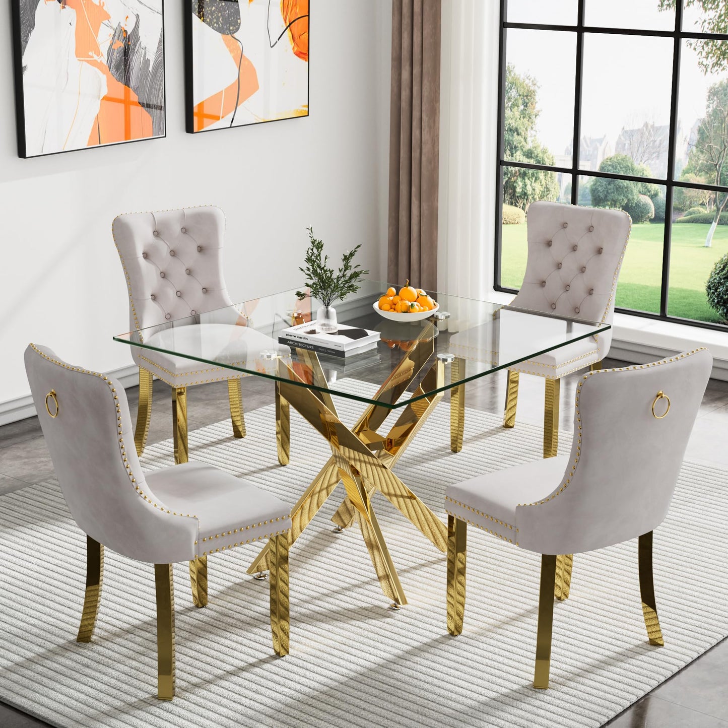 36" Modern Silver Glass Dining Room Table Set for 4, 5-Piece Square Kitchen Dining Table Set with Cross Metal Legs and 4 Black Velvet Upholstered Chairs, Glass Kitchen Table and Chairs Set