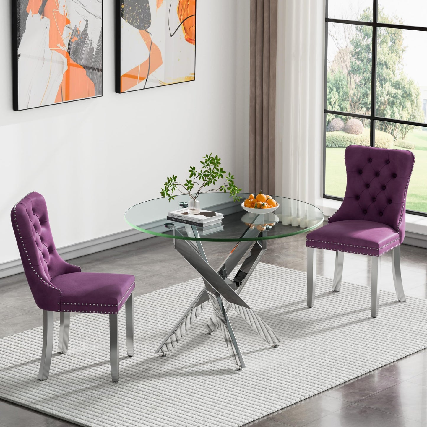 36" Modern Silver Glass Dining Room Table Set for 4, 5-Piece Square Kitchen Dining Table Set with Cross Metal Legs and 4 Black Velvet Upholstered Chairs, Glass Kitchen Table and Chairs Set