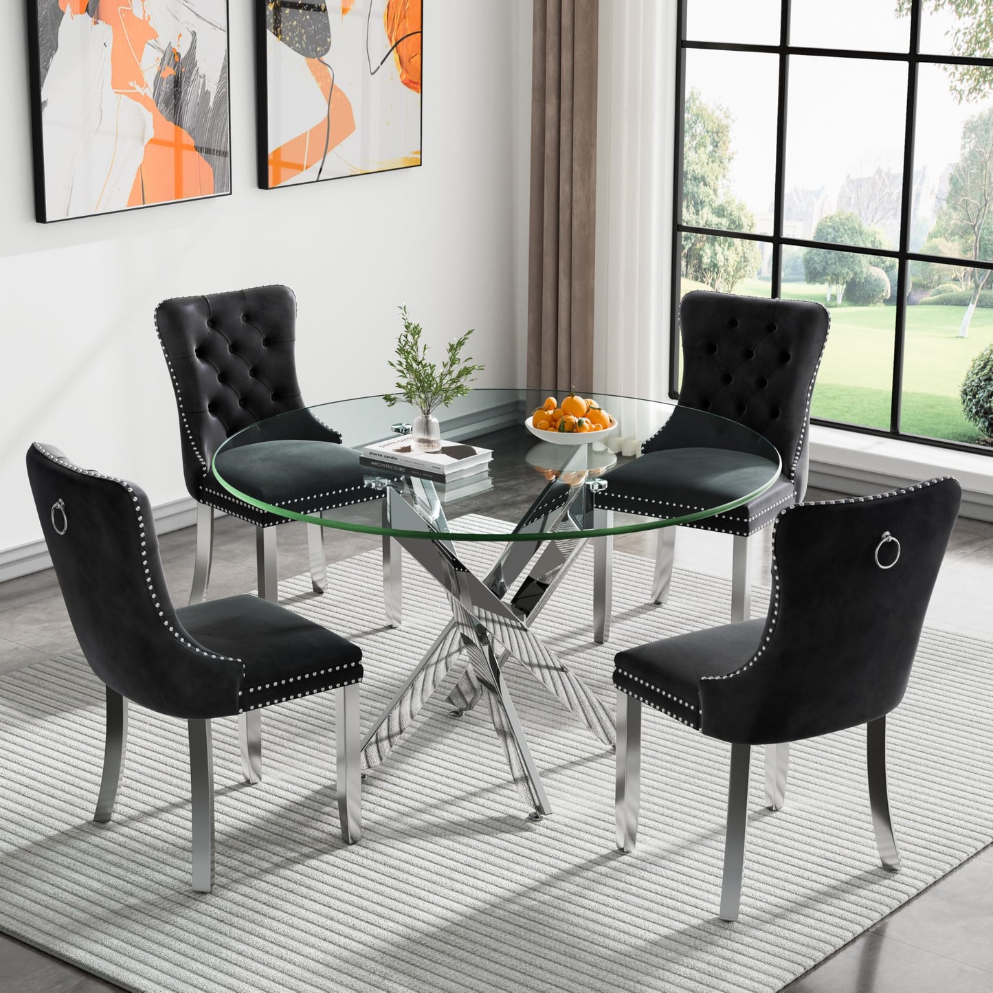 36" Modern Silver Glass Dining Room Table Set for 4, 5-Piece Square Kitchen Dining Table Set with Cross Metal Legs and 4 Black Velvet Upholstered Chairs, Glass Kitchen Table and Chairs Set