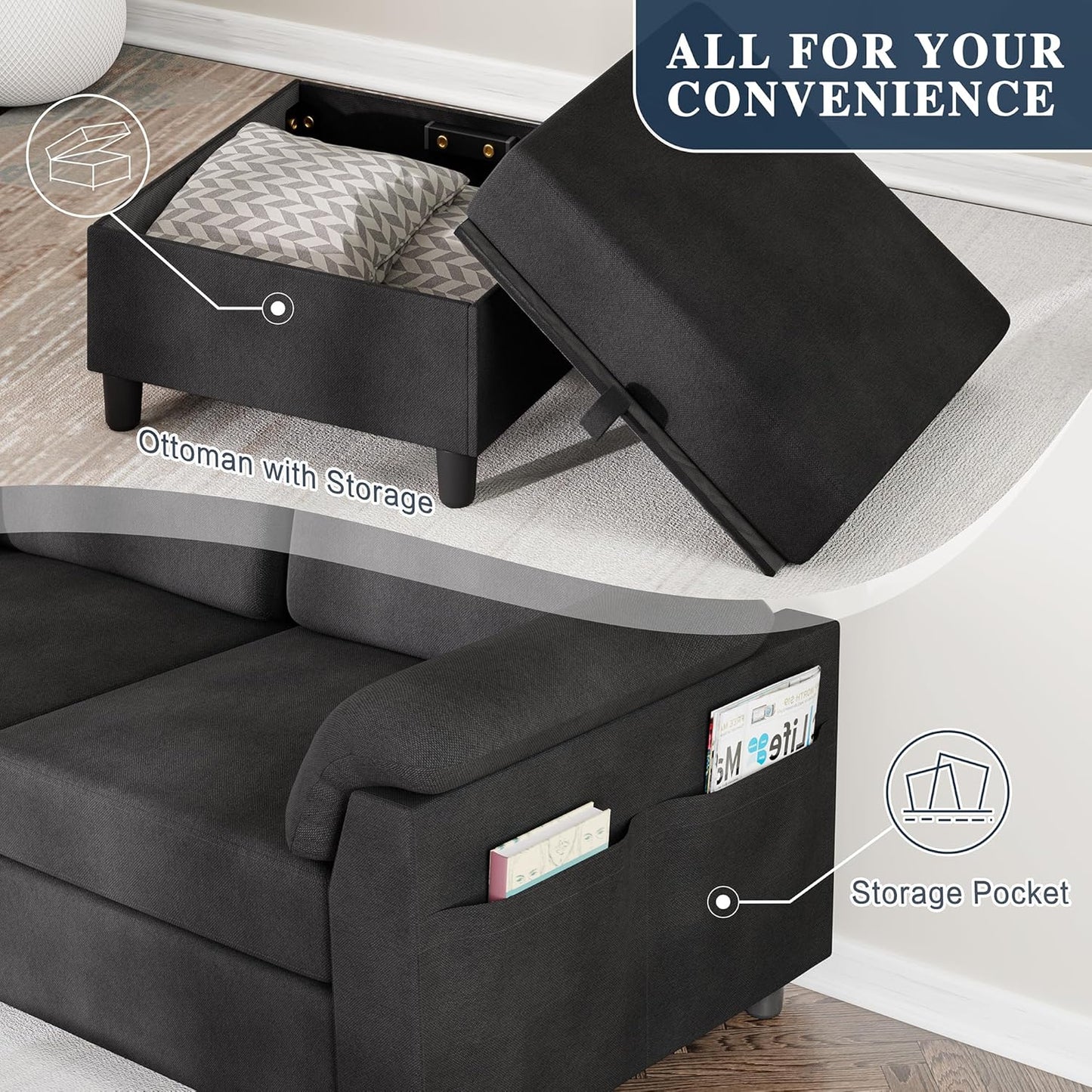 Meilocar Black L-Shaped Sectional Sofa