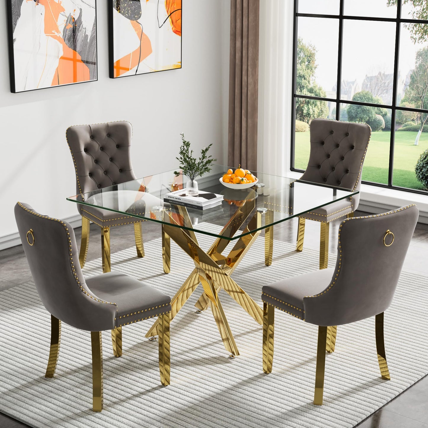 36" Modern Silver Glass Dining Room Table Set for 4, 5-Piece Square Kitchen Dining Table Set with Cross Metal Legs and 4 Black Velvet Upholstered Chairs, Glass Kitchen Table and Chairs Set