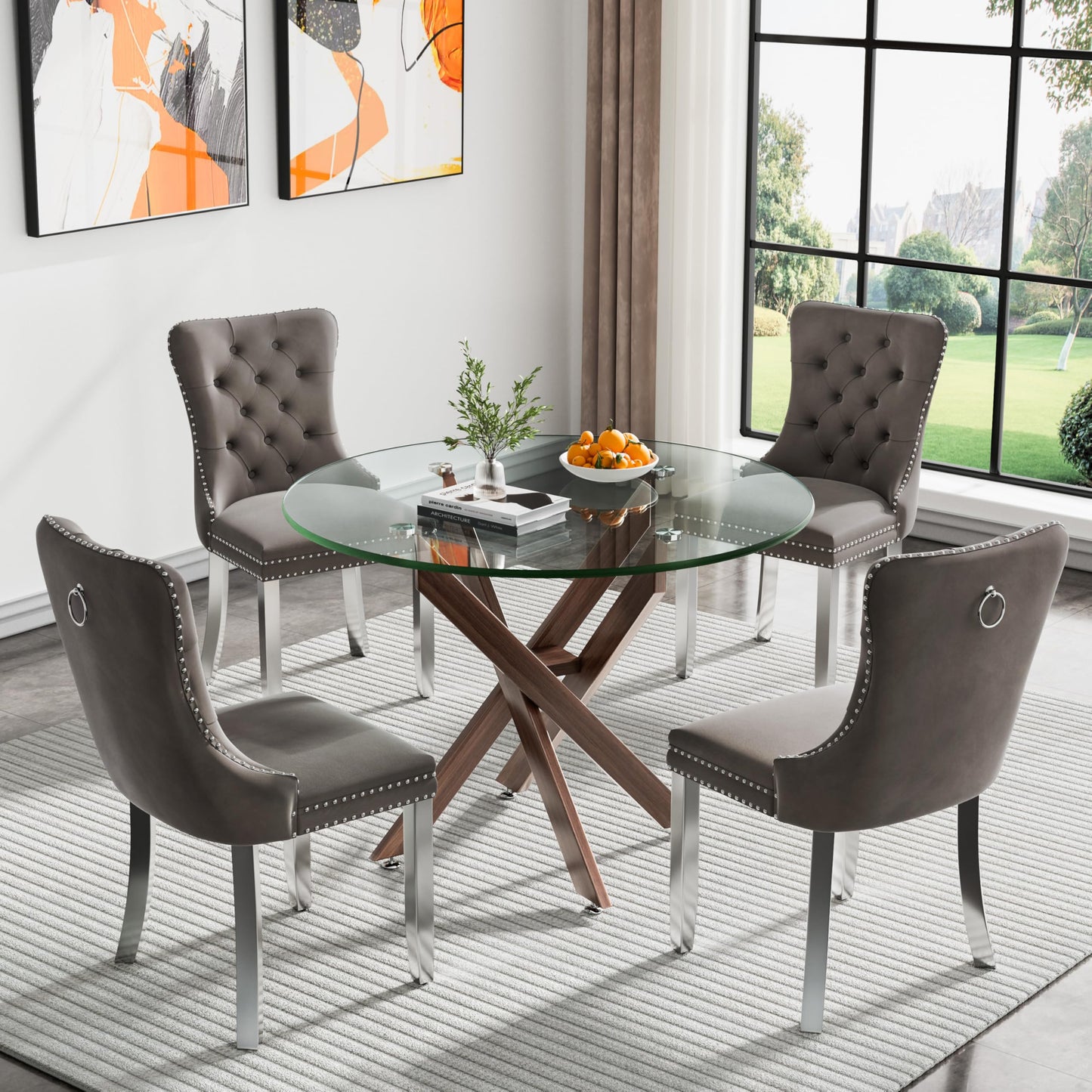 36" Modern Silver Glass Dining Room Table Set for 4, 5-Piece Square Kitchen Dining Table Set with Cross Metal Legs and 4 Black Velvet Upholstered Chairs, Glass Kitchen Table and Chairs Set