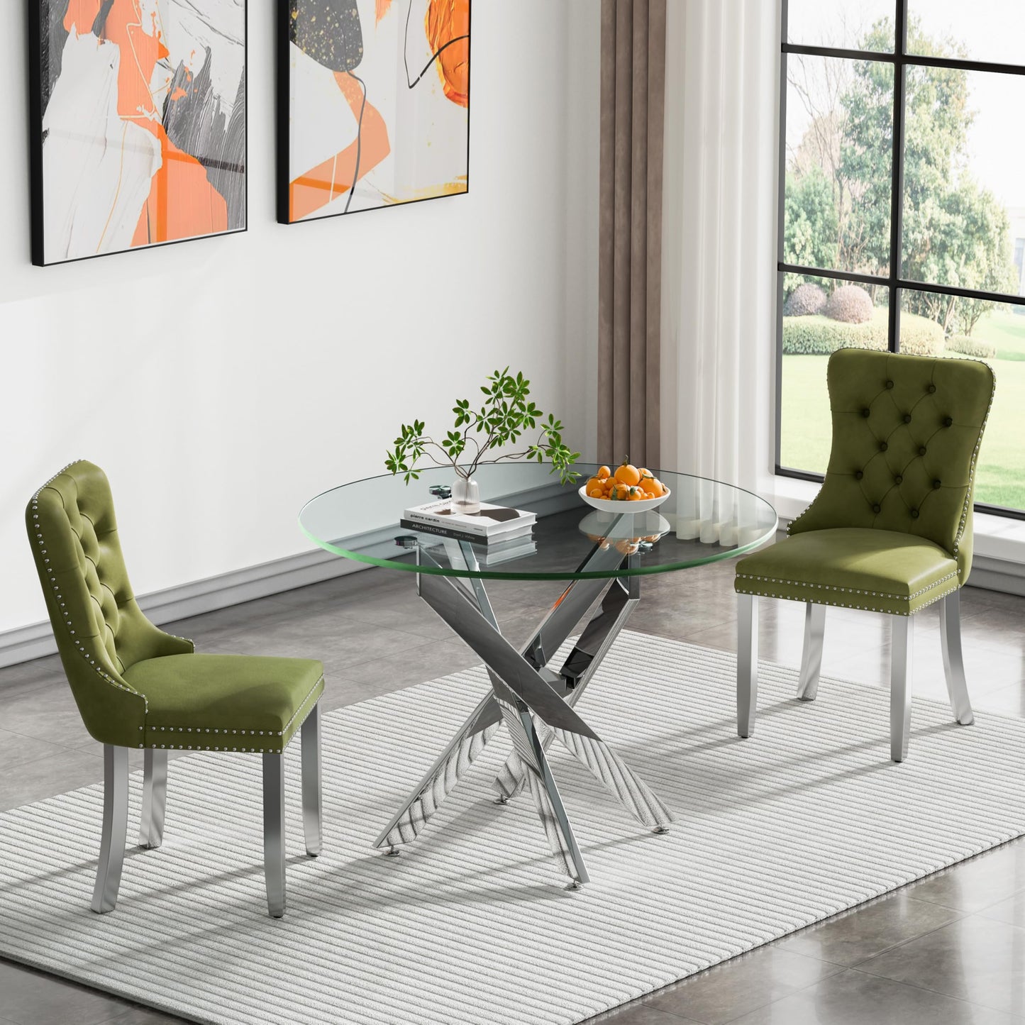 36" Modern Silver Glass Dining Room Table Set for 4, 5-Piece Square Kitchen Dining Table Set with Cross Metal Legs and 4 Black Velvet Upholstered Chairs, Glass Kitchen Table and Chairs Set