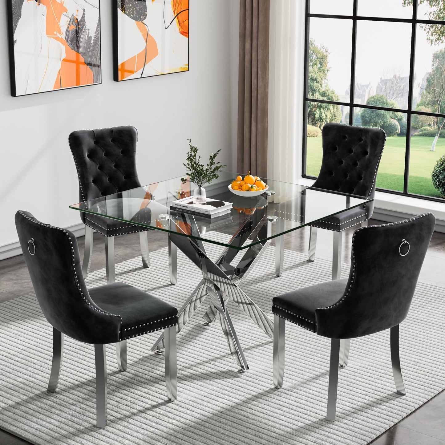 36" Modern Silver Glass Dining Room Table Set for 4, 5-Piece Square Kitchen Dining Table Set with Cross Metal Legs and 4 Black Velvet Upholstered Chairs, Glass Kitchen Table and Chairs Set
