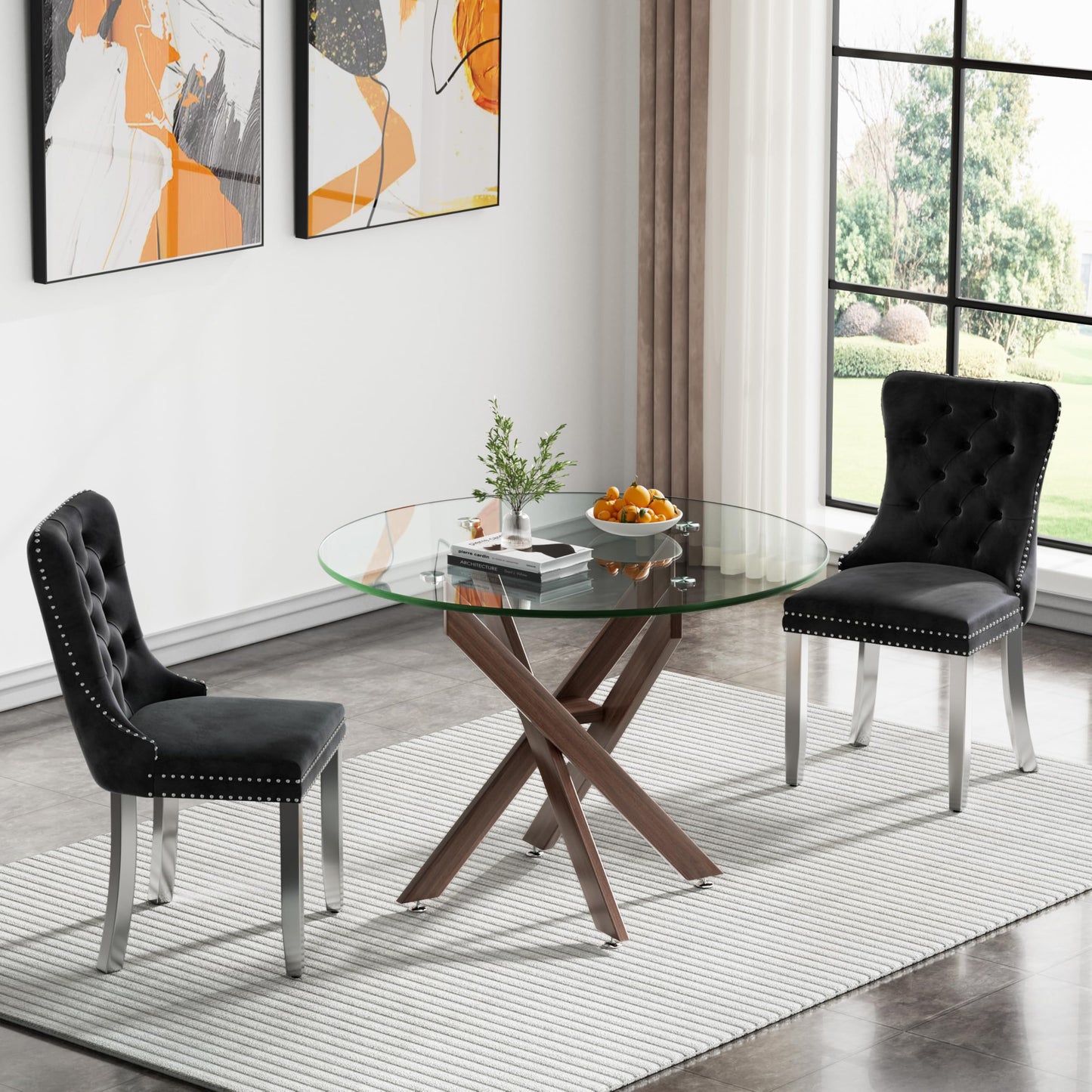 36" Modern Silver Glass Dining Room Table Set for 4, 5-Piece Square Kitchen Dining Table Set with Cross Metal Legs and 4 Black Velvet Upholstered Chairs, Glass Kitchen Table and Chairs Set