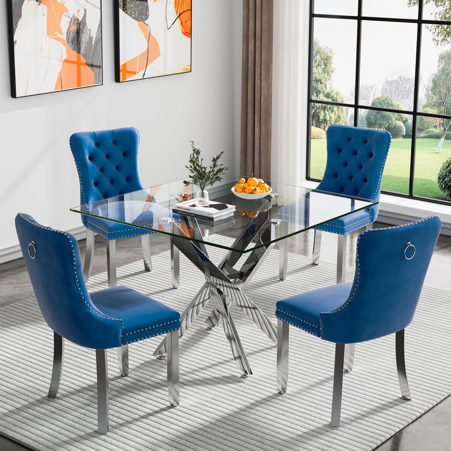 36" Modern Silver Glass Dining Room Table Set for 4, 5-Piece Square Kitchen Dining Table Set with Cross Metal Legs and 4 Black Velvet Upholstered Chairs, Glass Kitchen Table and Chairs Set