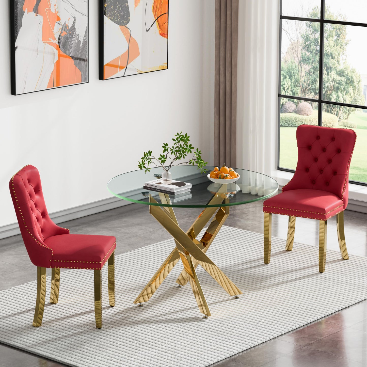 36" Modern Silver Glass Dining Room Table Set for 4, 5-Piece Square Kitchen Dining Table Set with Cross Metal Legs and 4 Black Velvet Upholstered Chairs, Glass Kitchen Table and Chairs Set
