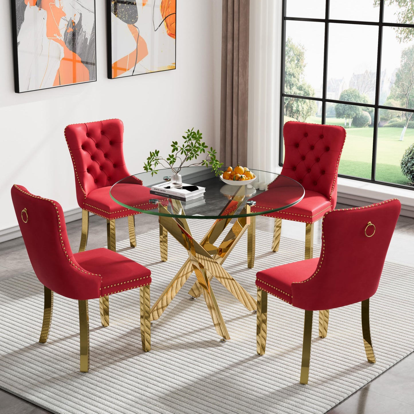 36" Modern Silver Glass Dining Room Table Set for 4, 5-Piece Square Kitchen Dining Table Set with Cross Metal Legs and 4 Black Velvet Upholstered Chairs, Glass Kitchen Table and Chairs Set