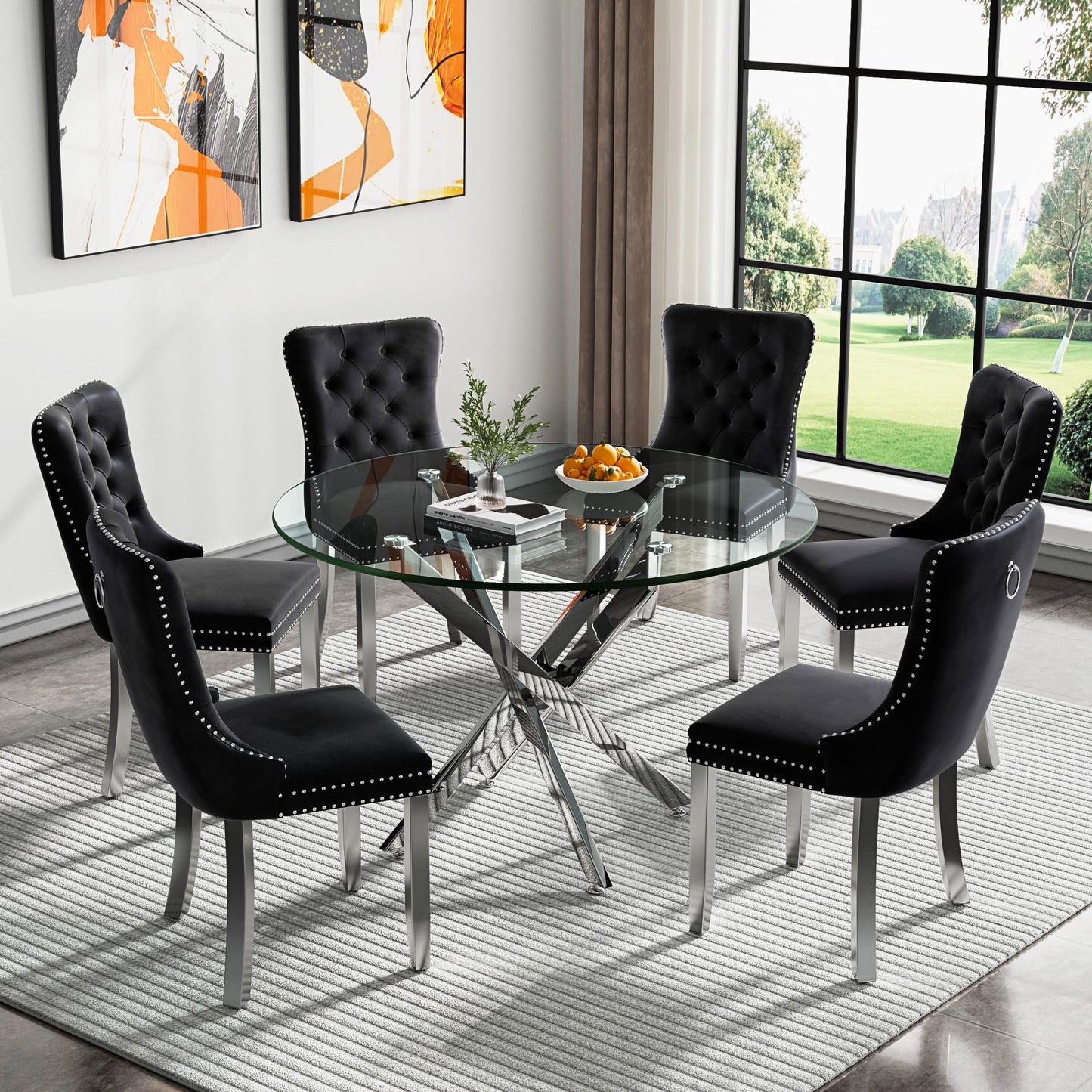 36" Modern Silver Glass Dining Room Table Set for 4, 5-Piece Square Kitchen Dining Table Set with Cross Metal Legs and 4 Black Velvet Upholstered Chairs, Glass Kitchen Table and Chairs Set