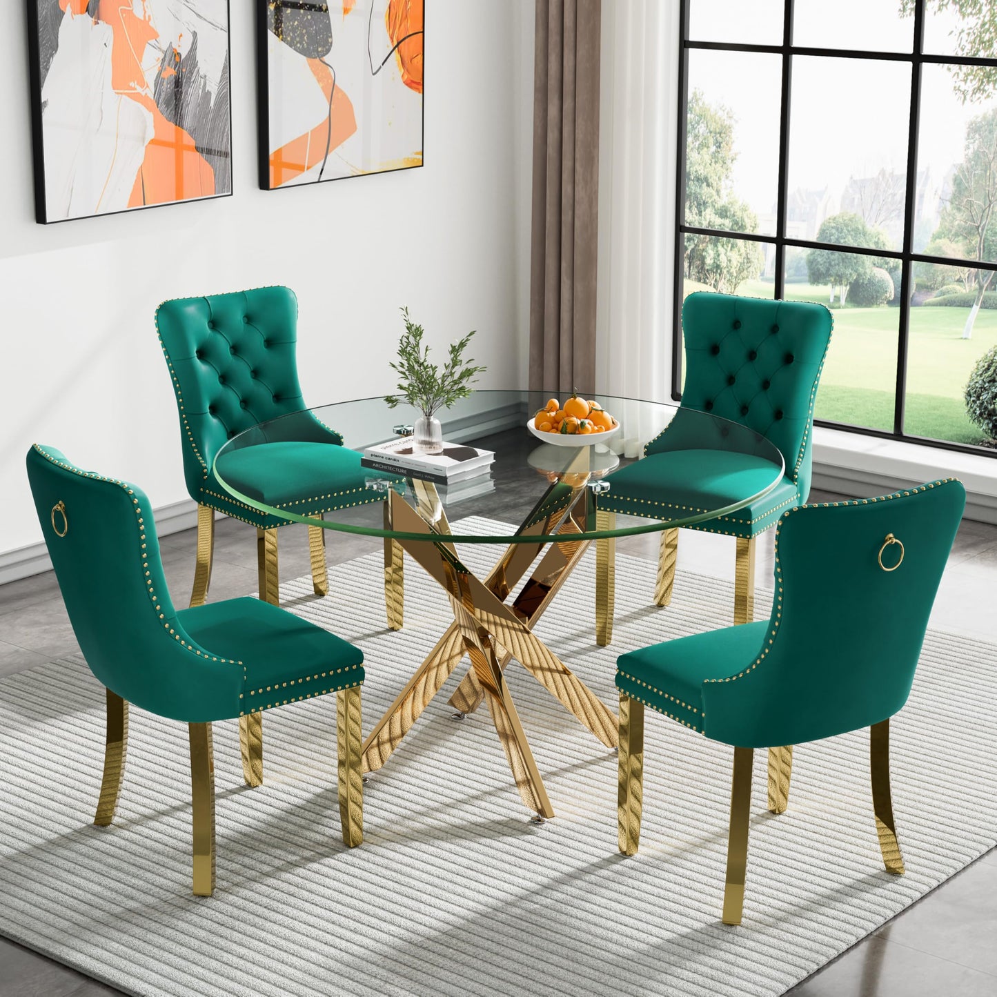 36" Modern Silver Glass Dining Room Table Set for 4, 5-Piece Square Kitchen Dining Table Set with Cross Metal Legs and 4 Black Velvet Upholstered Chairs, Glass Kitchen Table and Chairs Set