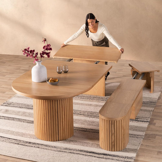 Transformer Round Extendable Dining Set – Solid Wood Expandable Round Table with Matching Bench, Space-Saving Adjustable Kitchen & Dining Room Furniture (Natural, Table + Bench)