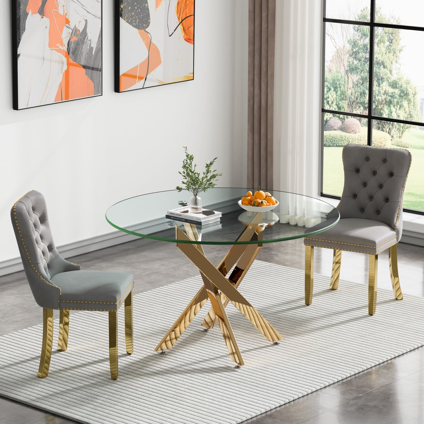 36" Modern Silver Glass Dining Room Table Set for 4, 5-Piece Square Kitchen Dining Table Set with Cross Metal Legs and 4 Black Velvet Upholstered Chairs, Glass Kitchen Table and Chairs Set